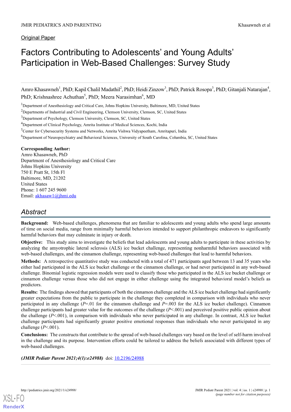 Factors Contributing to Adolescents' and Young Adults' Participation in Web-Based Challenges: Survey Study