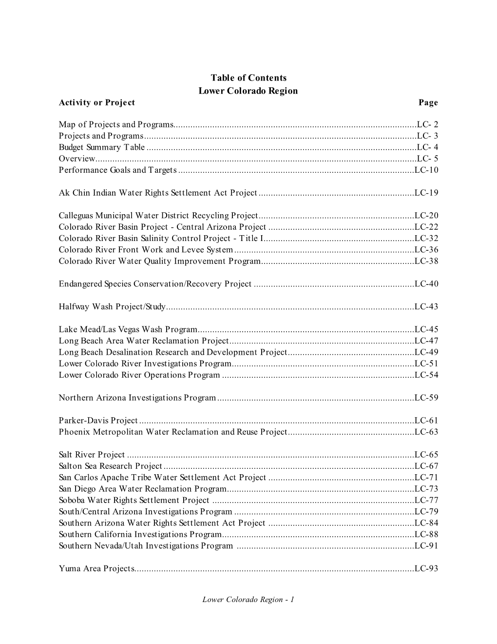 Table of Contents Lower Colorado Region Activity Or Project Page