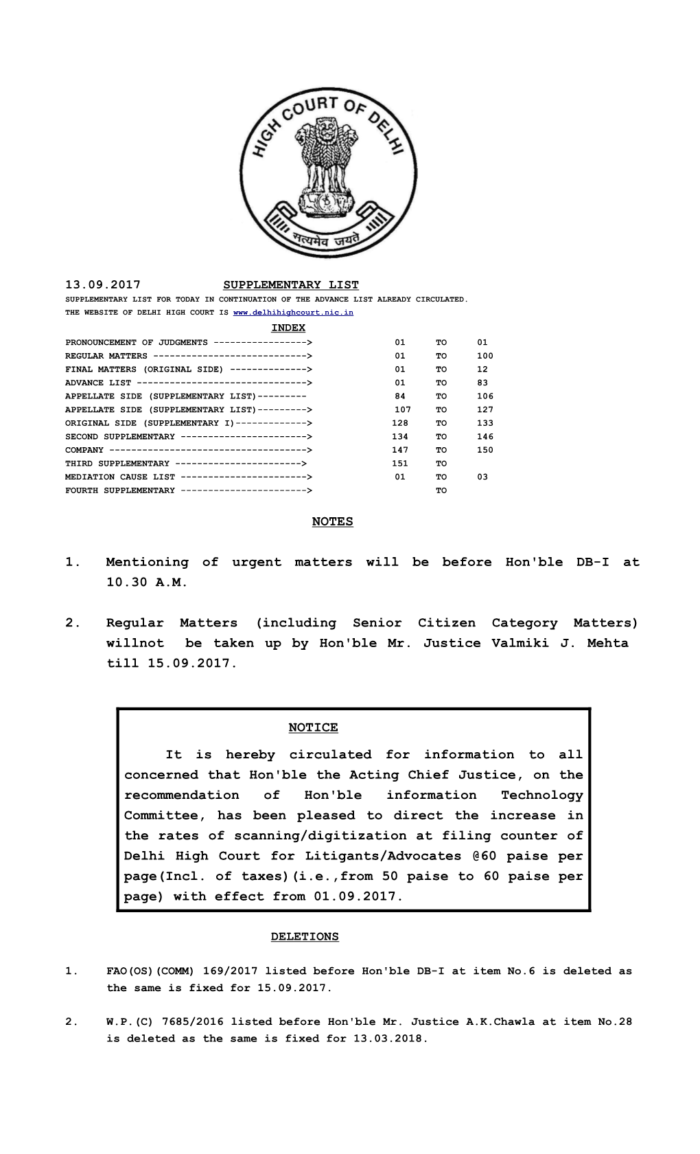 NOTES 1. Mentioning of Urgent Matters Will Be Before Hon'ble DB-I