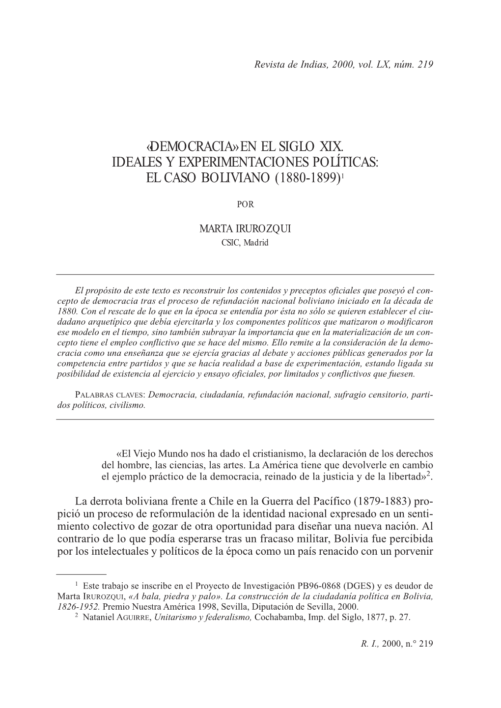 Democracia» En El Siglo Xix. Ideales Y Experimentaciones Políticas: El Caso Boliviano (1880-1899)1