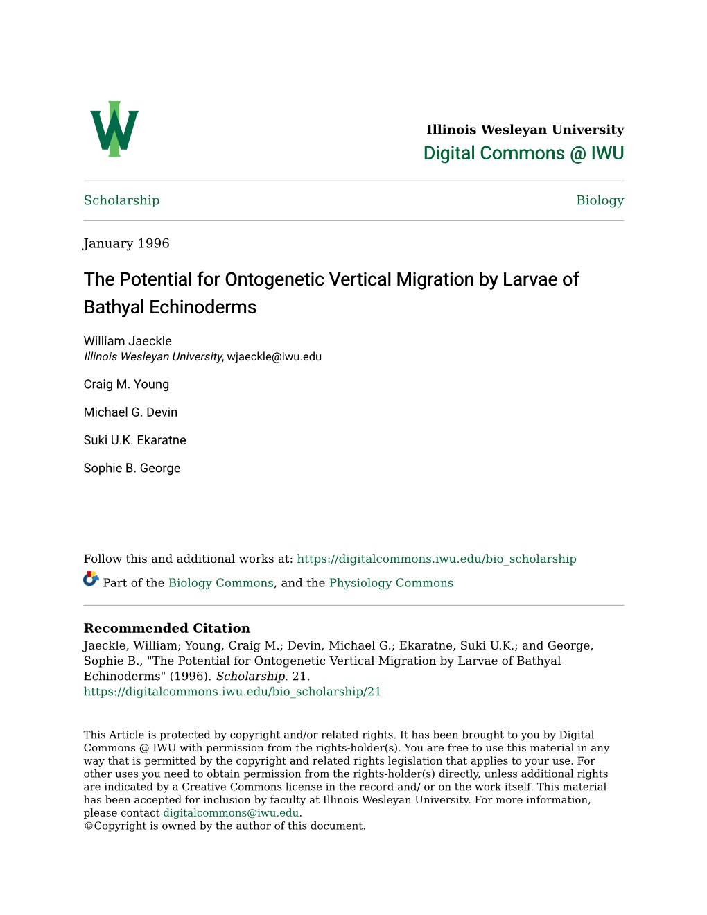 The Potential for Ontogenetic Vertical Migration by Larvae of Bathyal Echinoderms