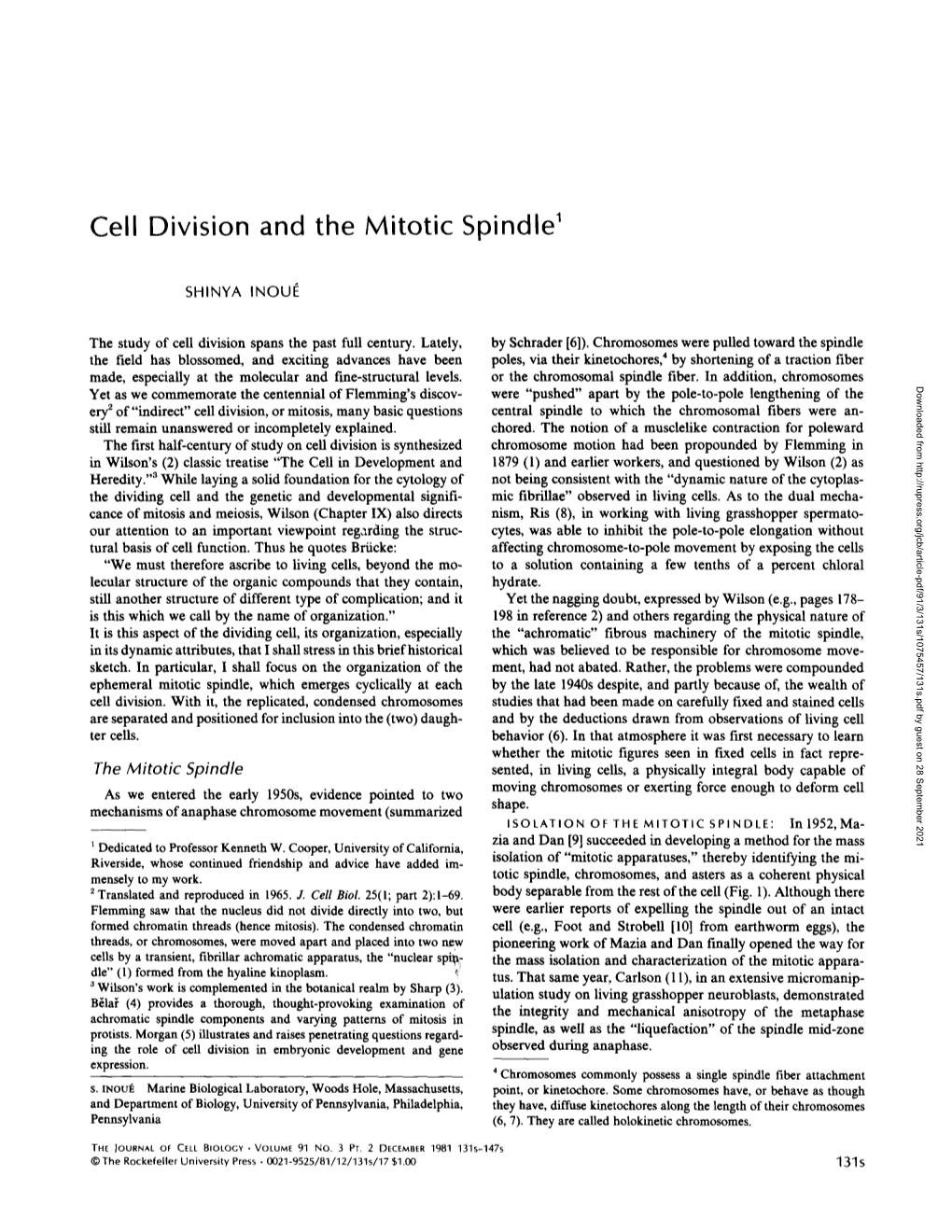 Cell Division and the Mitotic Spindle'