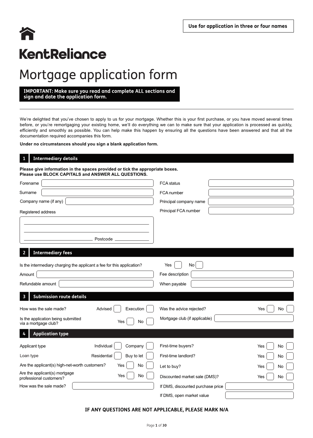 Kent Reliance Residential App Form Applicants
