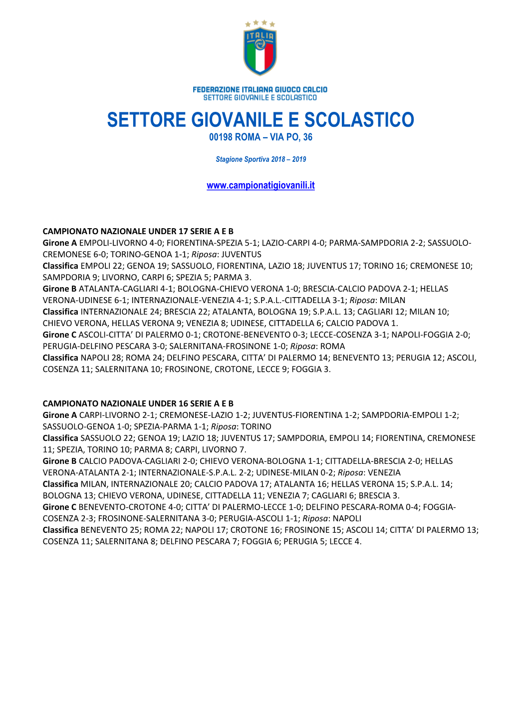 Settore Giovanile E Scolastico 00198 Roma – Via Po, 36