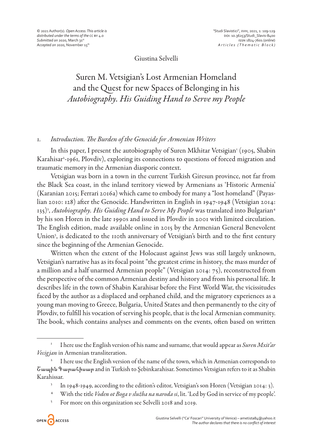 Suren M. Vetsigian's Lost Armenian Homeland and the Quest for New