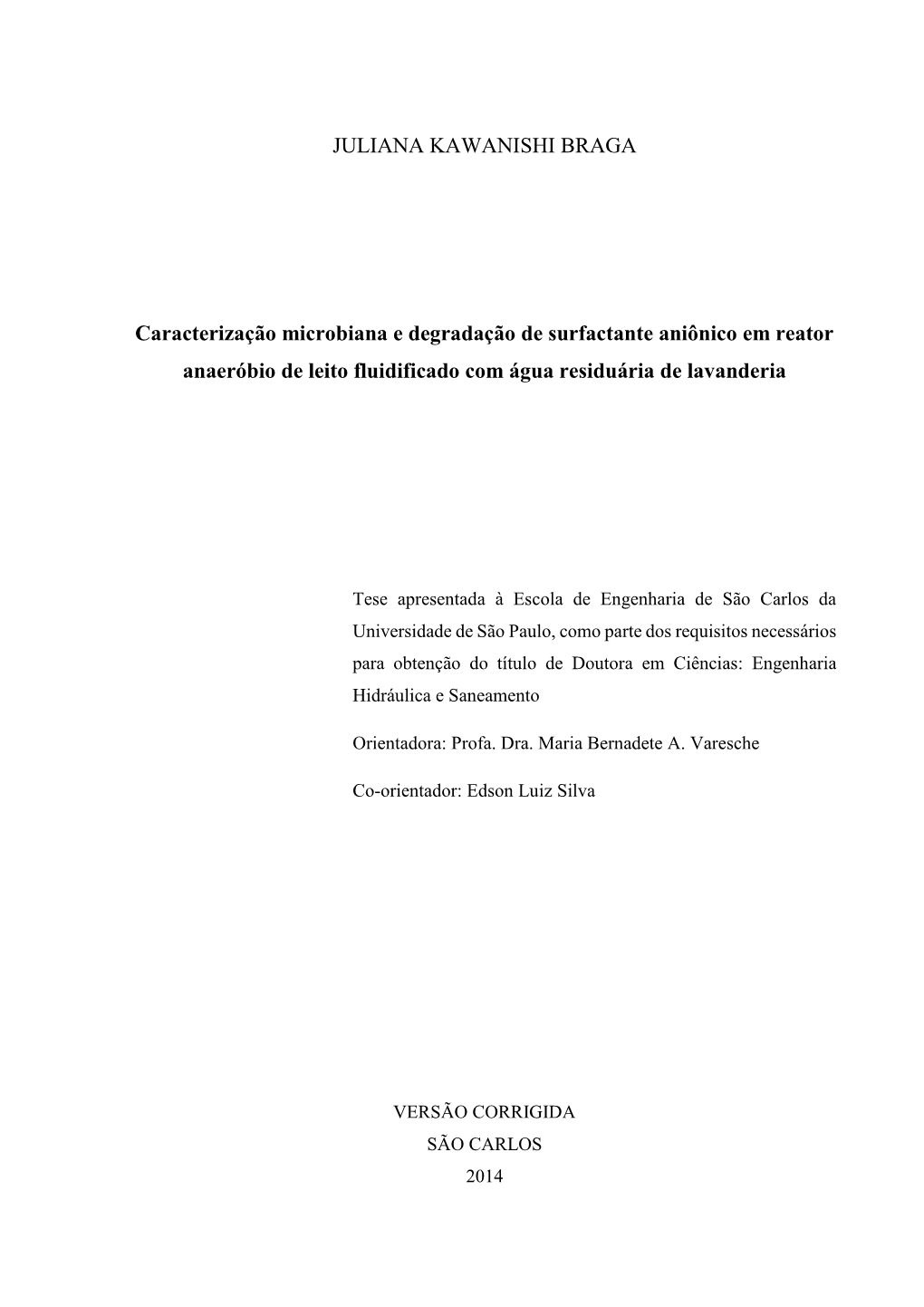 JULIANA KAWANISHI BRAGA Caracterização Microbiana E Degradação De Surfactante Aniônico Em Reator Anaeróbio De Leito Fluidi