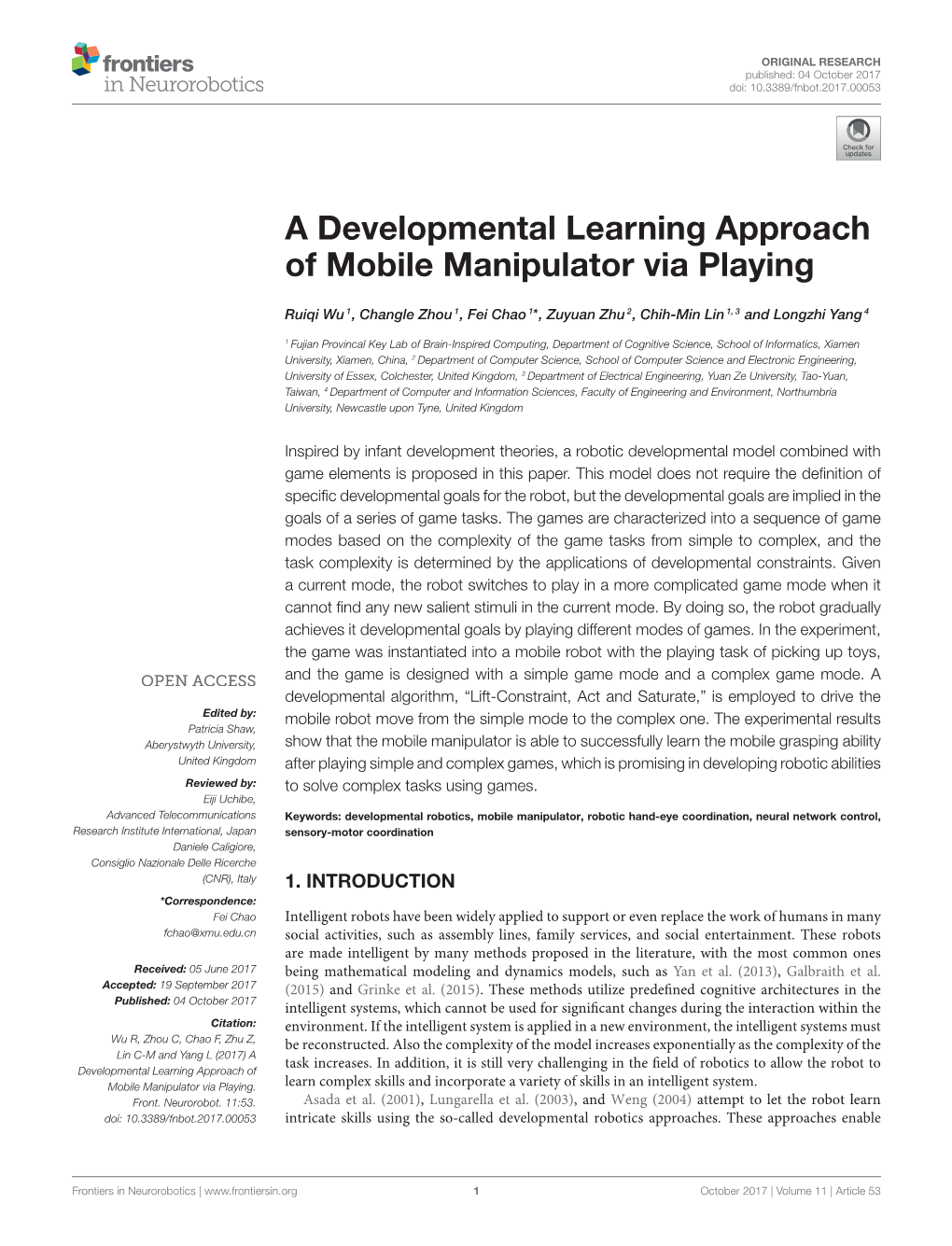 A Developmental Learning Approach of Mobile Manipulator Via Playing