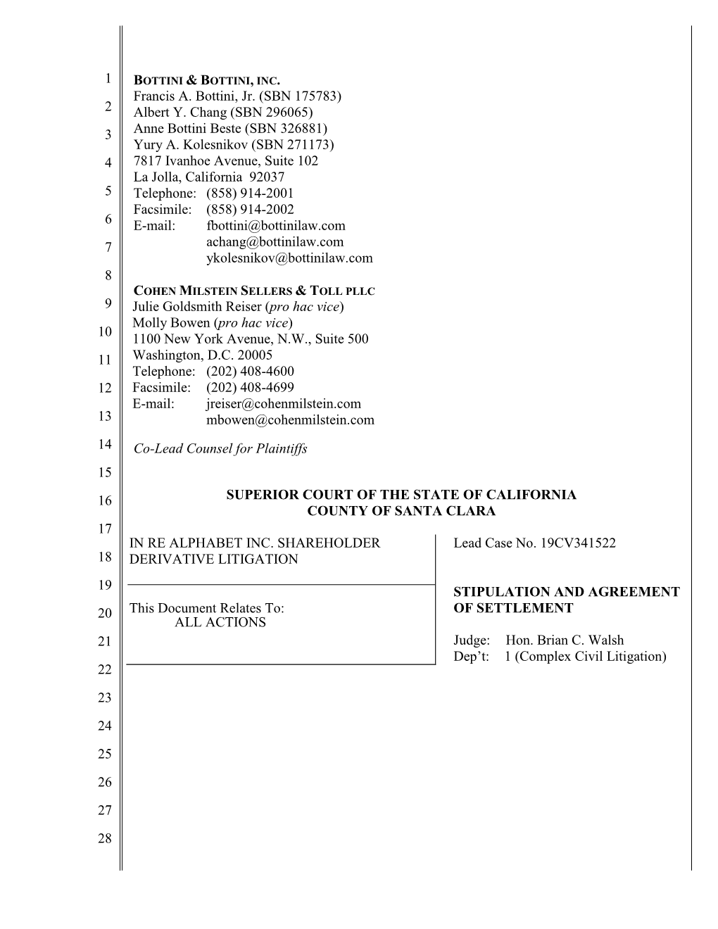 Stipulation and Agreement of Settlement