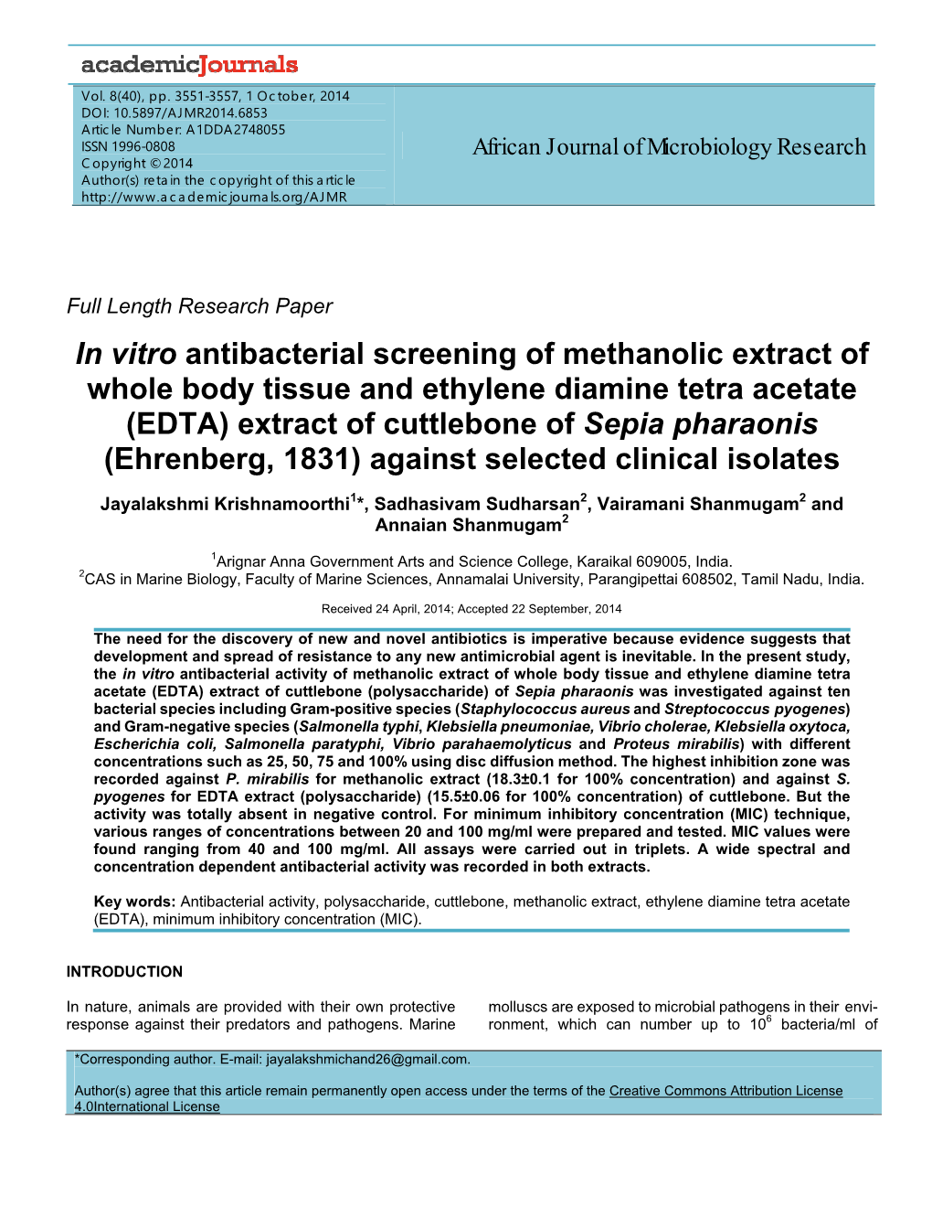 In Vitro Antibacterial Screening of Methanolic