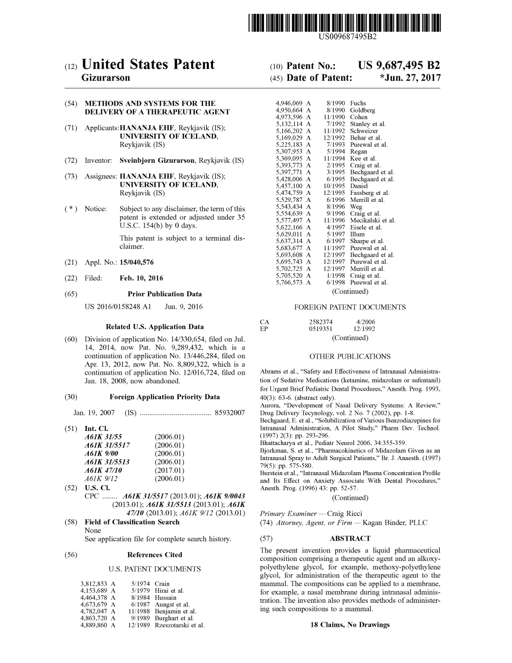 (12) United States Patent (10) Patent No.: US 9,687,495 B2 Gizurarson (45) Date of Patent: *Jun