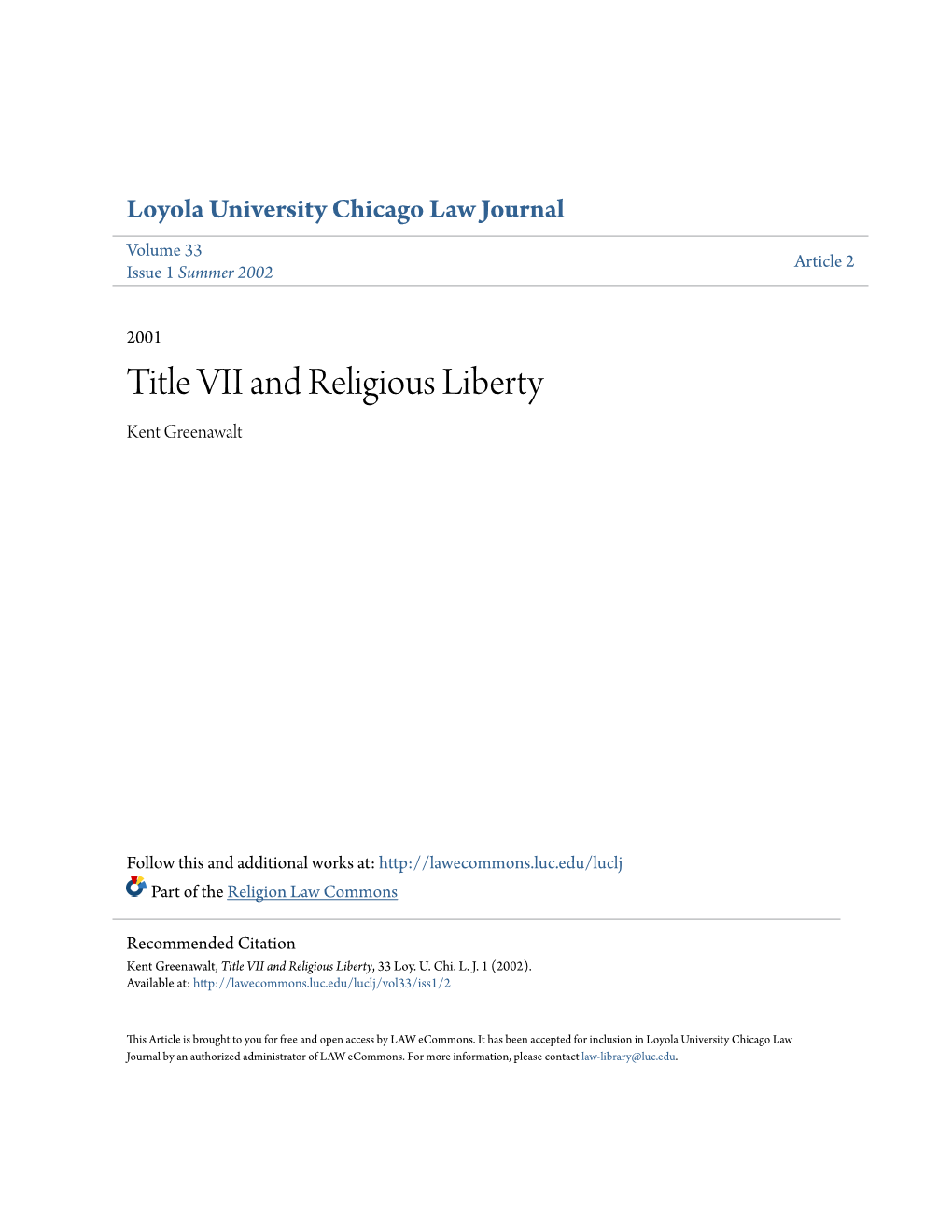 Title VII and Religious Liberty Kent Greenawalt