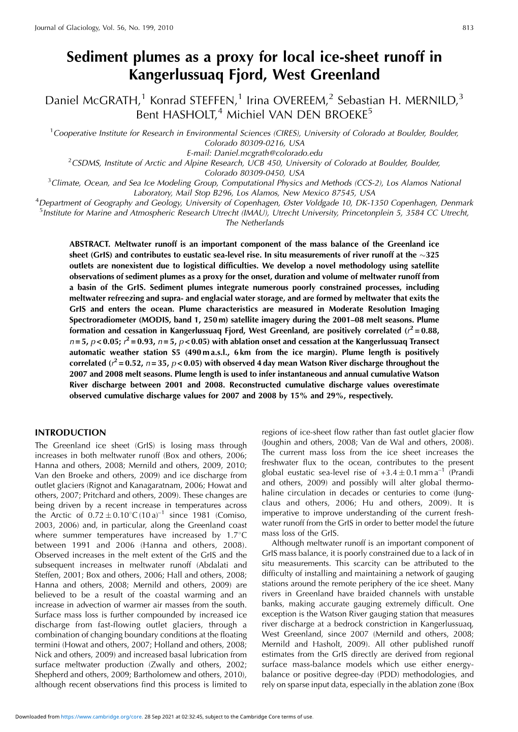 Sediment Plumes As a Proxy for Local Ice-Sheet Runoff in Kangerlussuaq Fjord, West Greenland