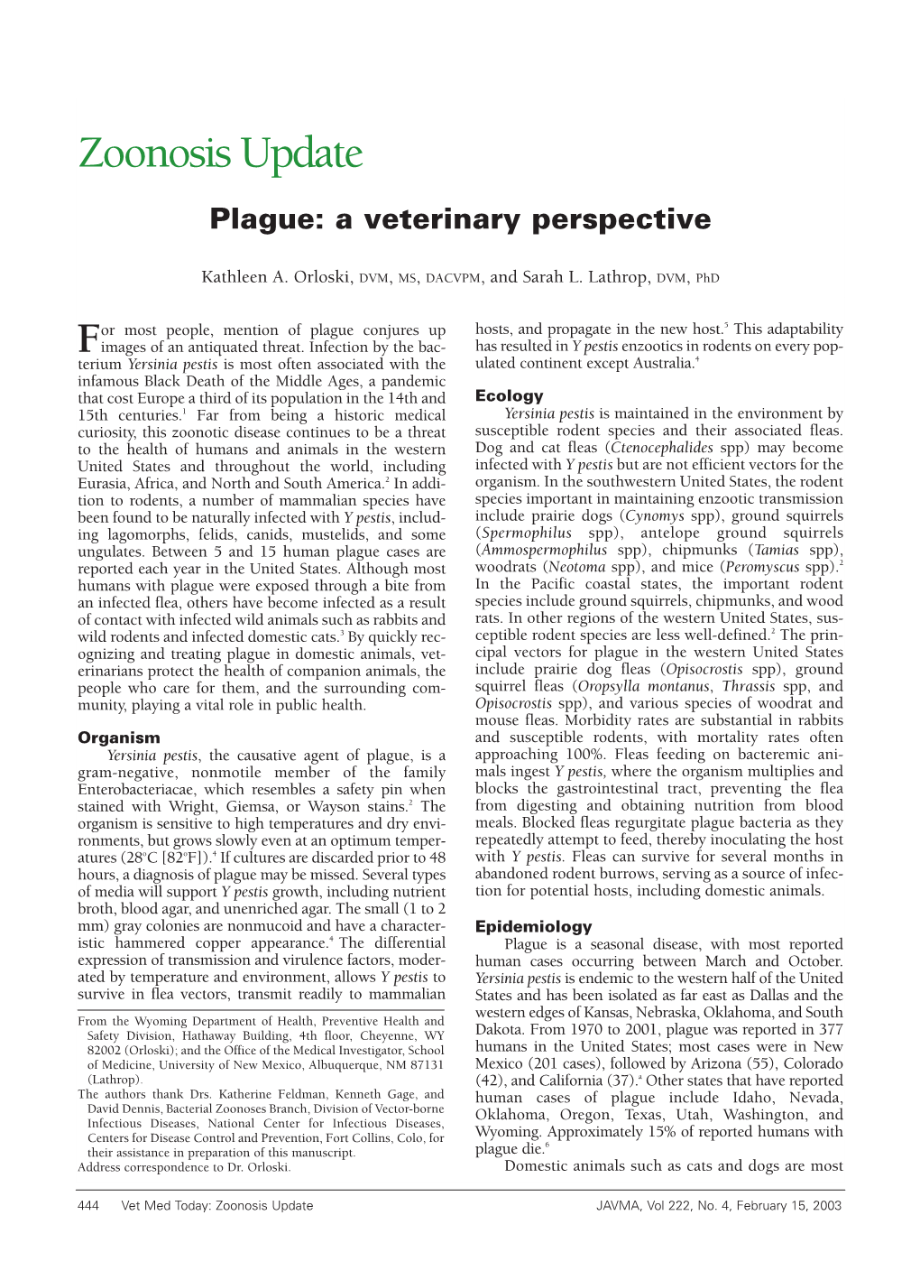 Zoonosis Update Plague: a Veterinary Perspective