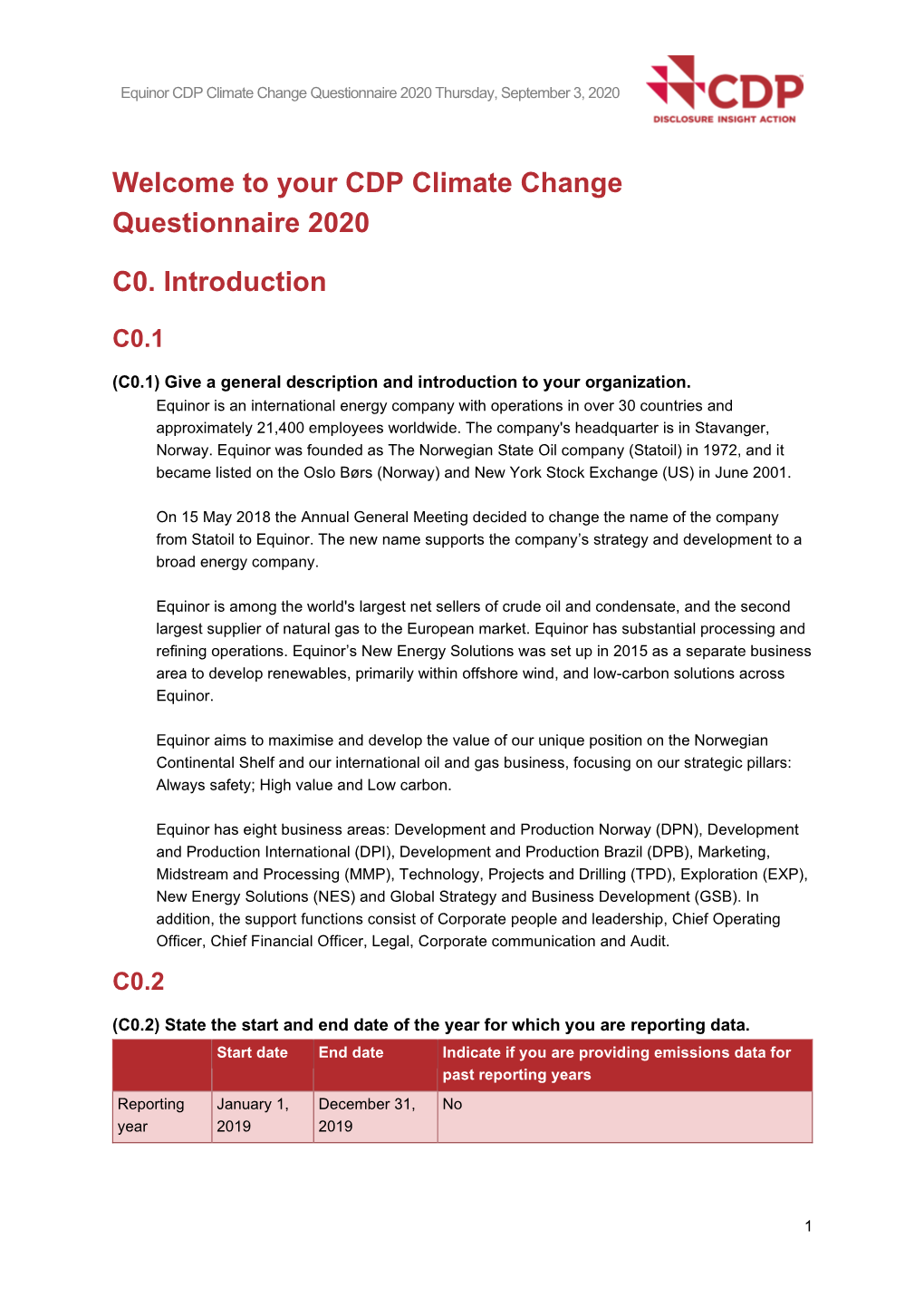 Your CDP Climate Change Questionnaire 2020 C0. Introduction