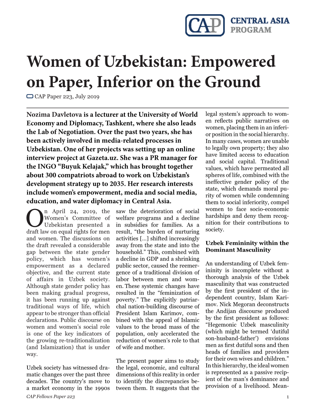 Women of Uzbekistan: Empowered on Paper, Inferior on the Ground CAP Paper 223, July 2019