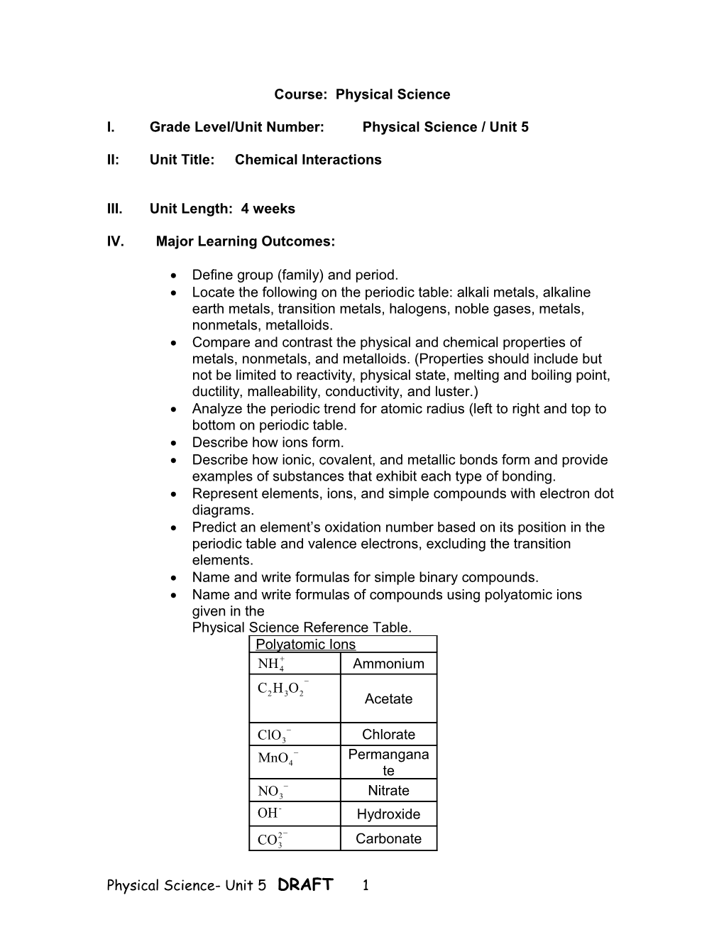 I. Grade Level/Unit Number: Physical Science / Unit 5