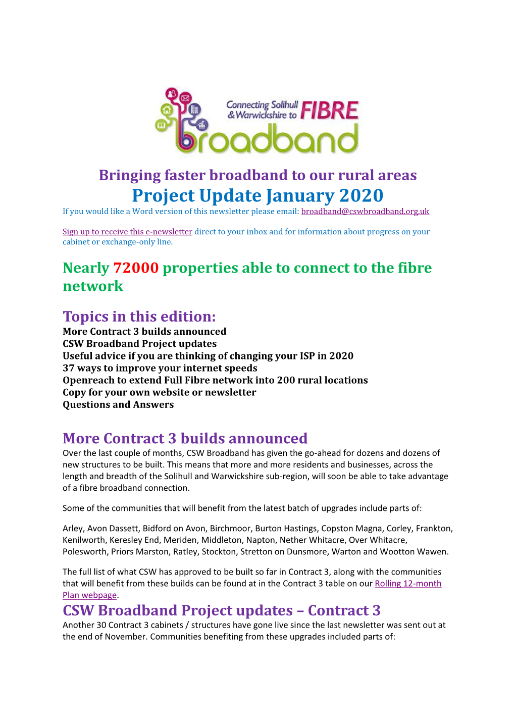 Project Update January 2020 If You Would Like a Word Version of This Newsletter Please Email: Broadband@Cswbroadband.Org.Uk