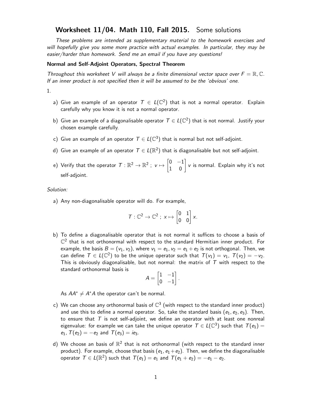 Worksheet 11/04. Math 110, Fall 2015. Some Solutions