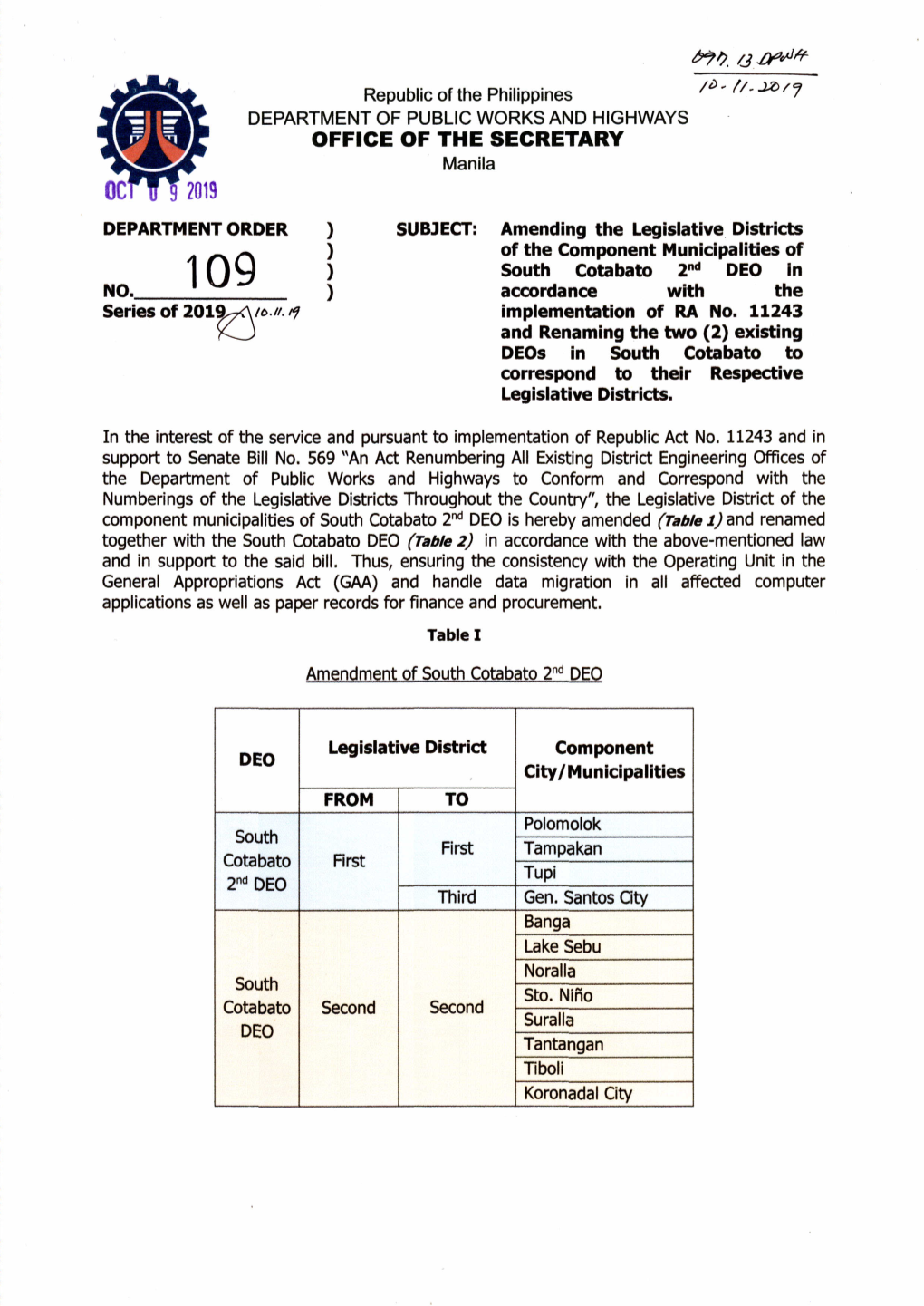 Amending the Legislative Districts of the Component Municipalities of South Cotabato 2Nd DEO in Accordance With