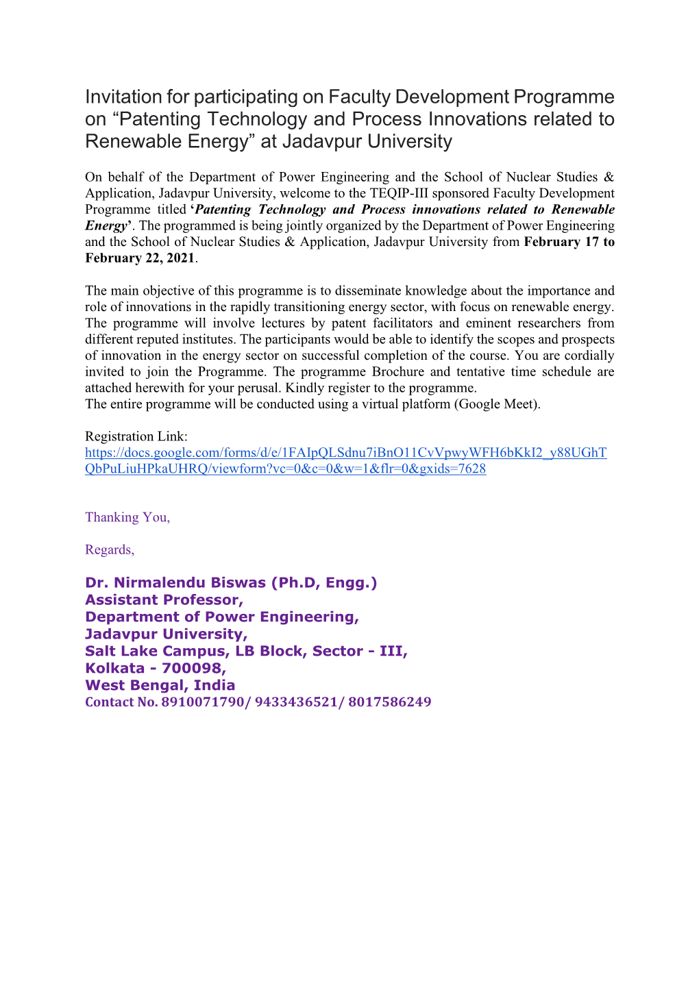 Invitation for Participating on Faculty Development Programme on “Patenting Technology and Process Innovations Related to Renewable Energy” at Jadavpur University