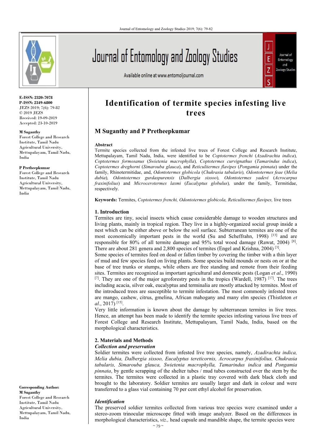 Identification of Termite Species Infesting Live Trees