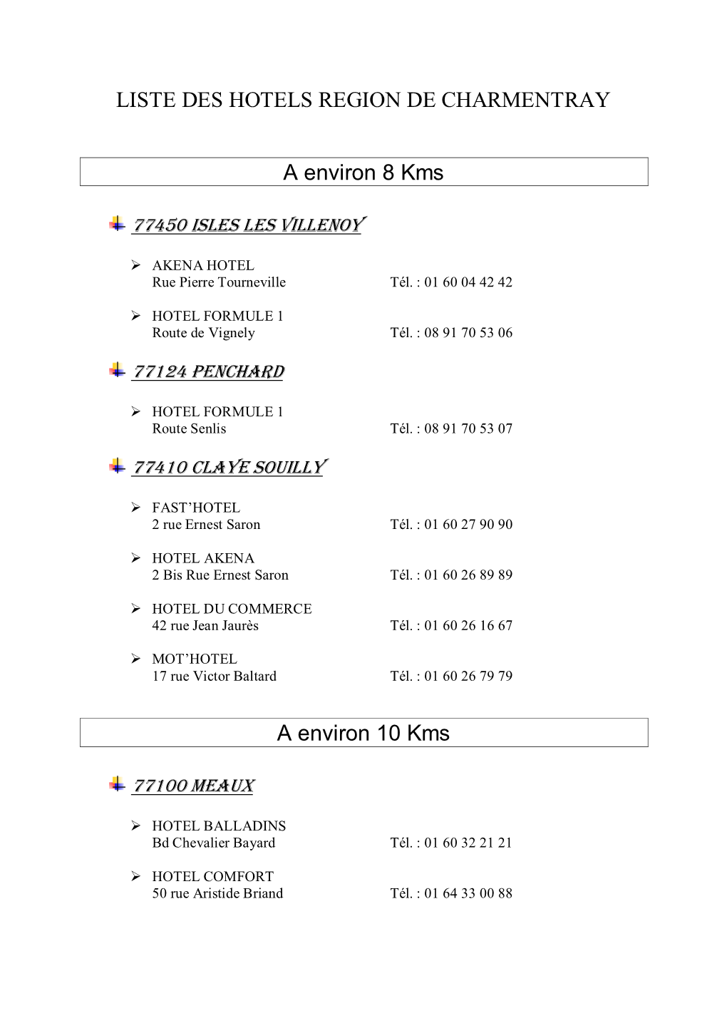 LISTE DES HOTELS REGION DE CHARMENTRAY a Environ 8 Kms