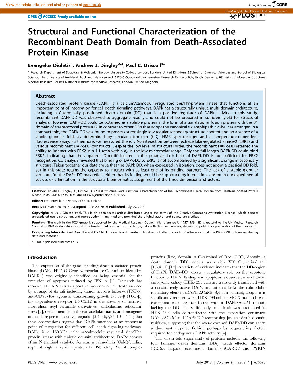 Structural and Functional Characterization of the Recombinant Death Domain from Death-Associated Protein Kinase