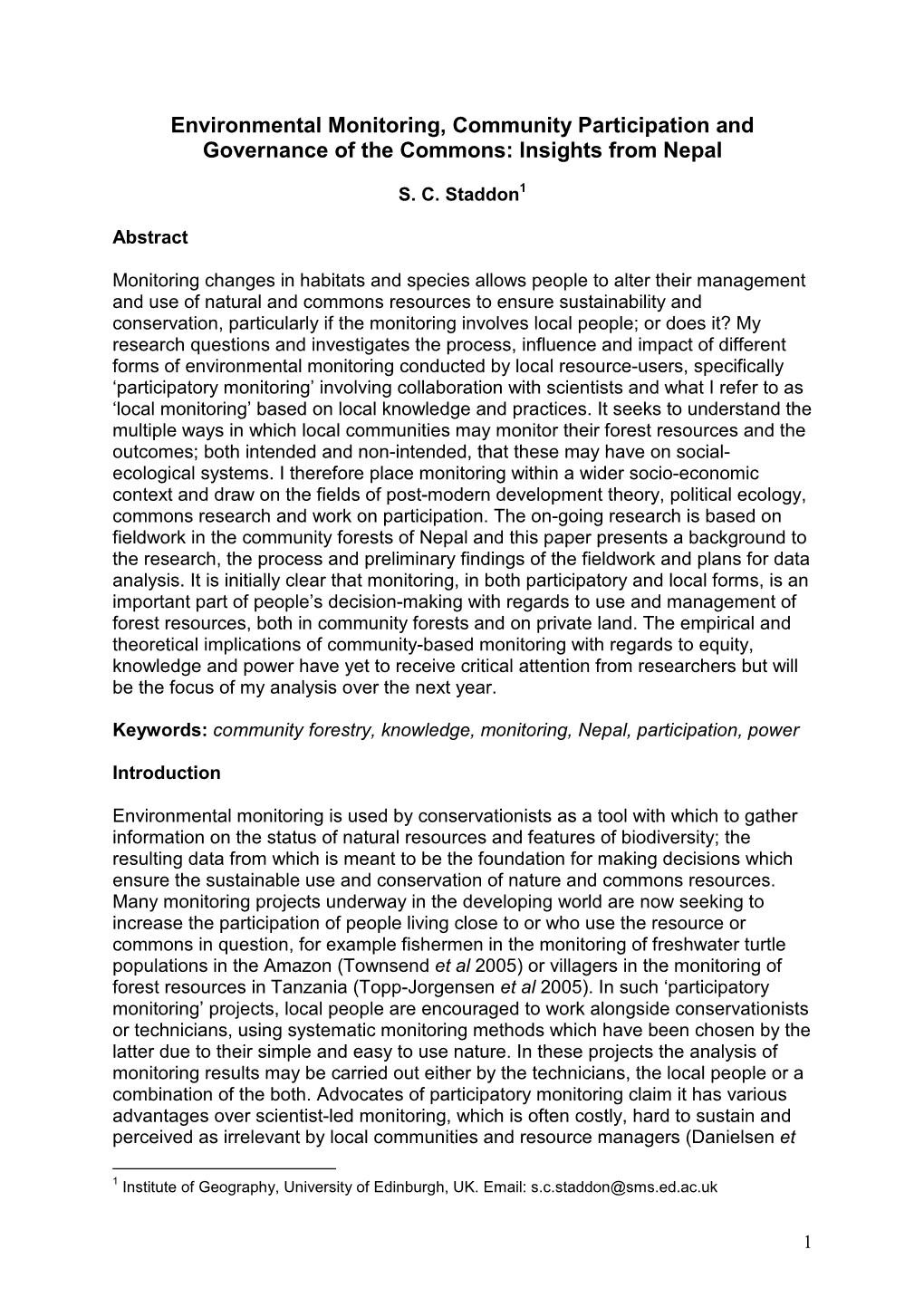 Environmental Monitoring, Community Participation and Governance of the Commons: Insights from Nepal