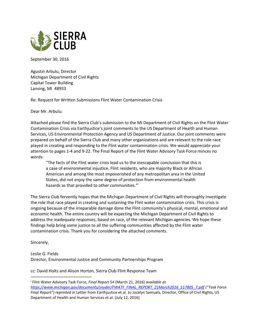 Sierra Club/Earthjustice Testimony