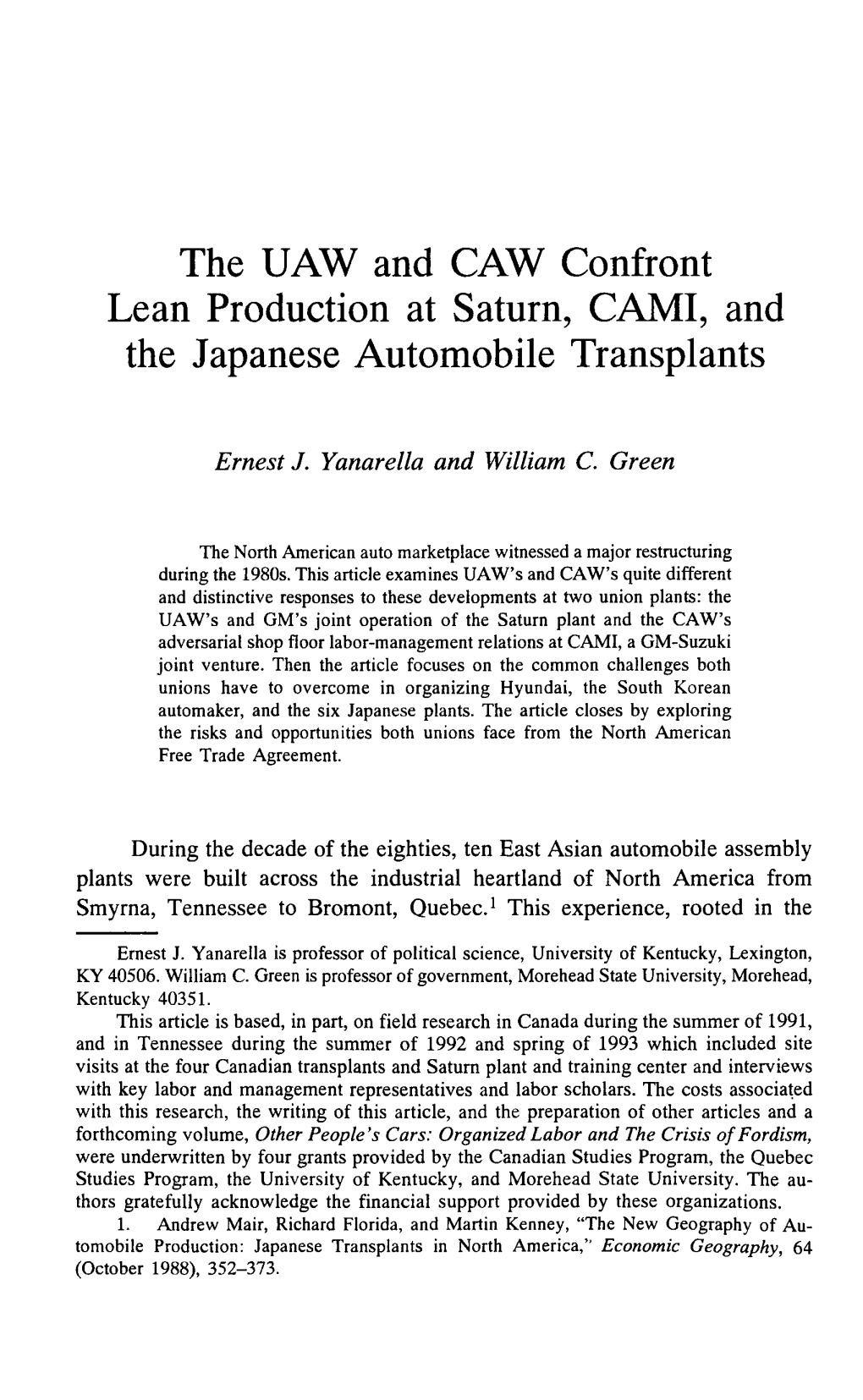 The UAW and CAW Confront Lean Production at Saturn, CAMI, and the Japanese Automobile Transplants