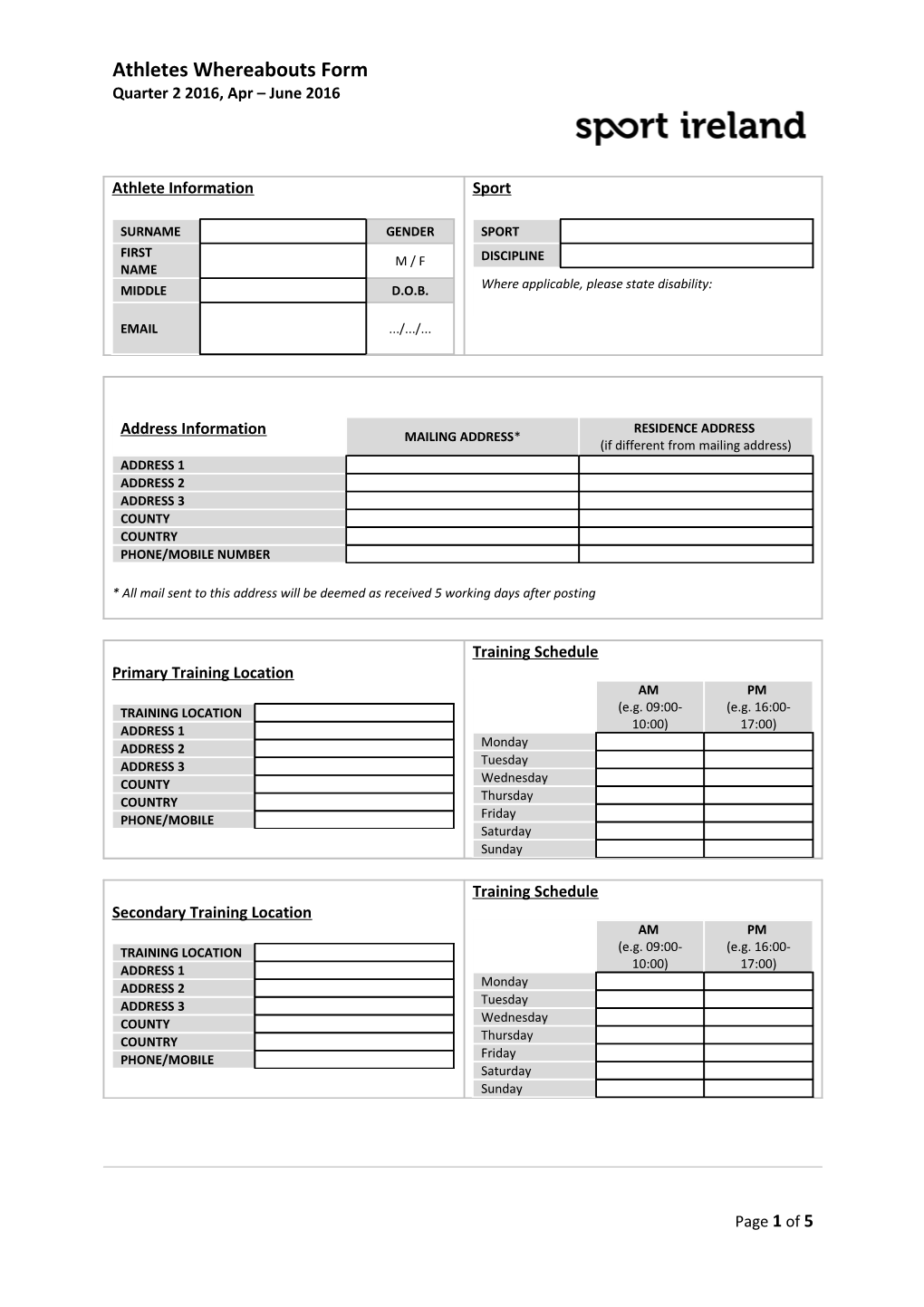 The Irish Sports Council - Athletes Whereabouts Form