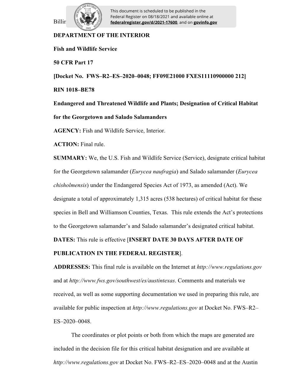 Docket No. FWS–R2–ES–2020–0048; FF09E21000 FXES11110900000 212]