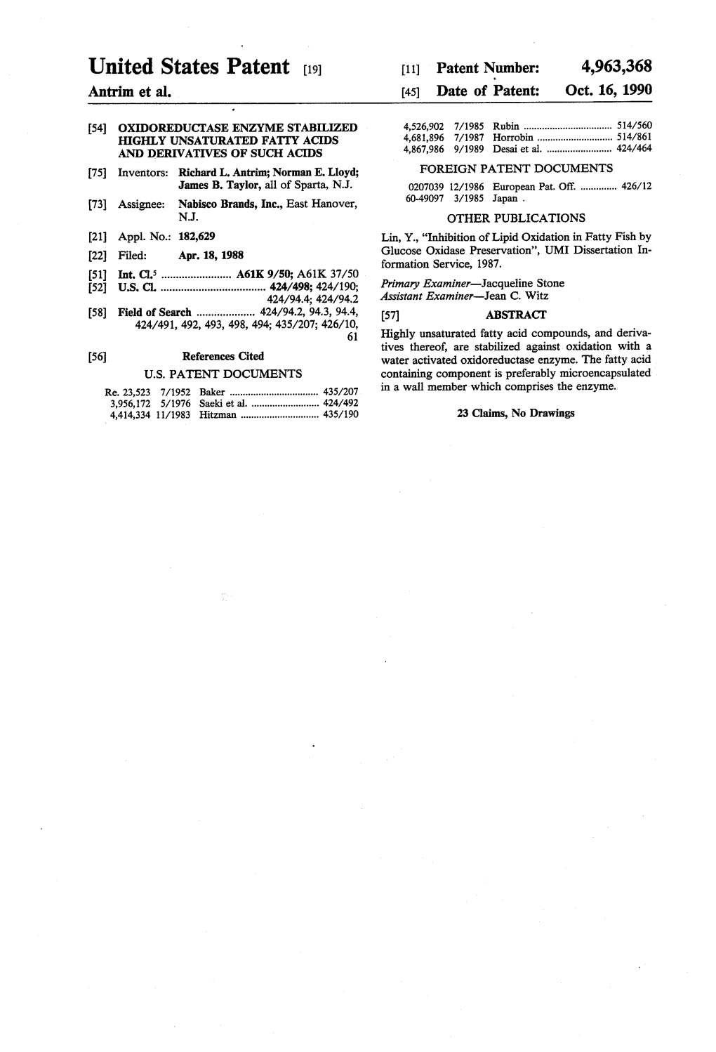 United States Patent (19) 11 Patent Number: 4,963,368 Antrim Et Al