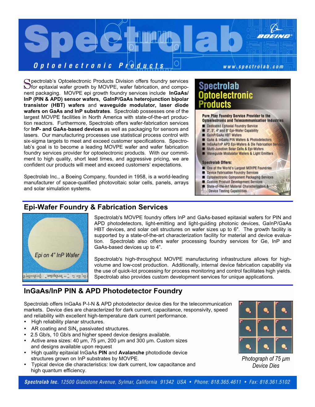 Spectrolab's Optoelectronic Products Division Offers Foundry Services