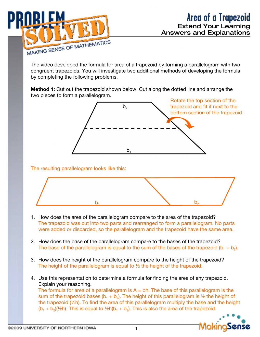 Area of a Trapezoid Extend Your Learning Answers and Explanations