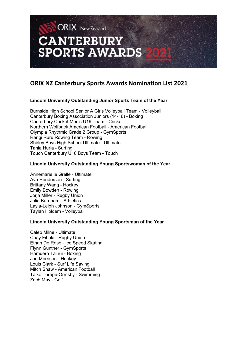 ORIX NZ Canterbury Sports Awards Nomination List 2021