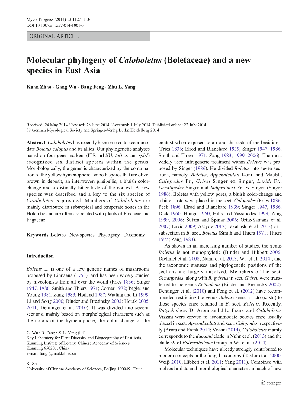 Molecular Phylogeny of Caloboletus (Boletaceae) and a New Species in East Asia