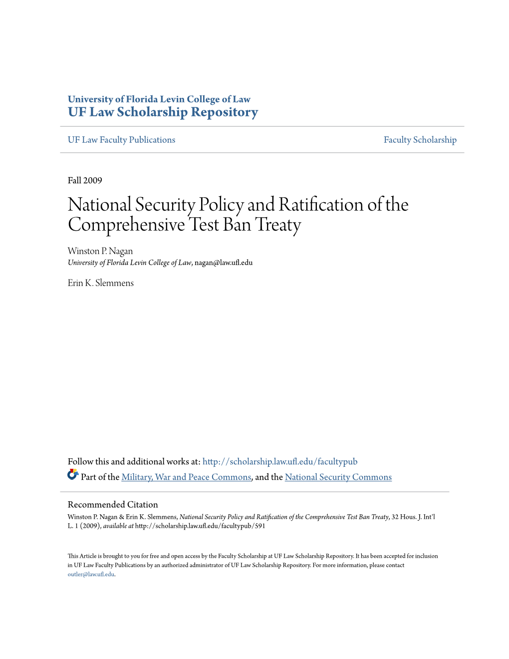 National Security Policy and Ratification of the Comprehensive Test Ban Treaty Winston P