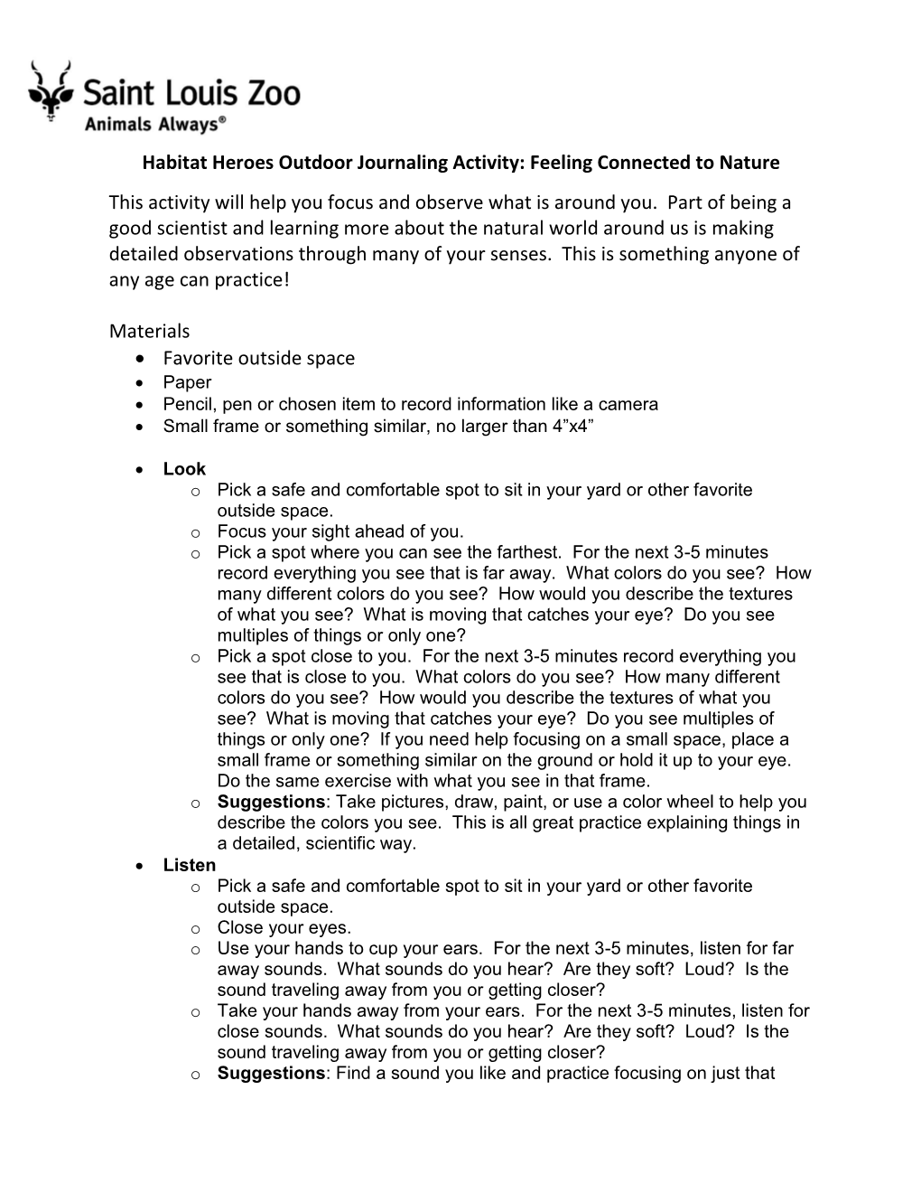 Habitat Heroes Outdoor Journaling Activity: Feeling Connected to Nature This Activity Will Help You Focus and Observe What Is Around You