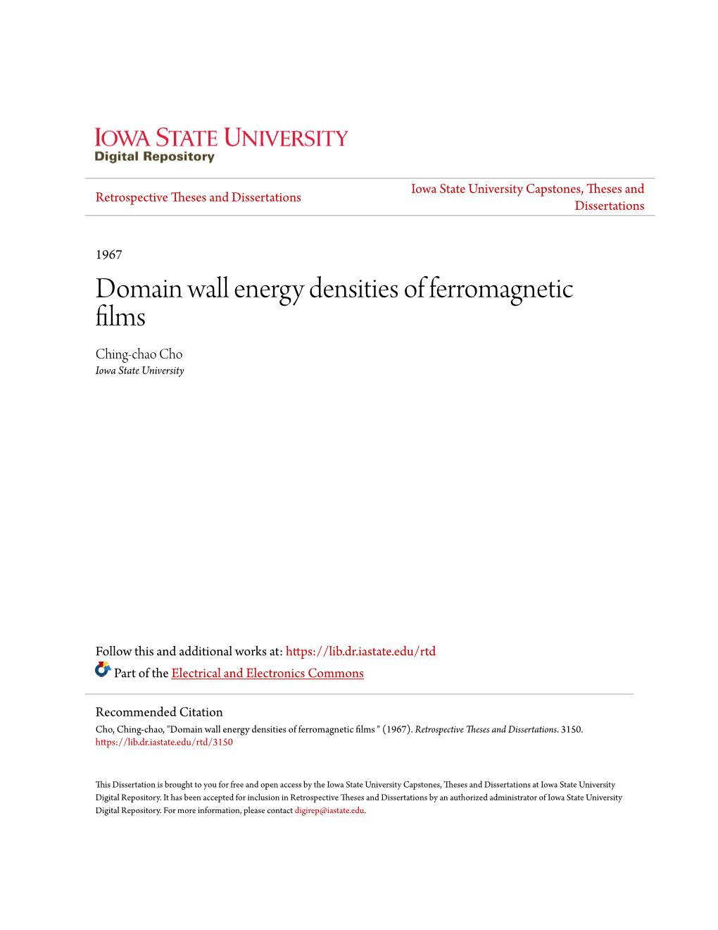 Domain Wall Energy Densities of Ferromagnetic Films Ching-Chao Cho Iowa State University