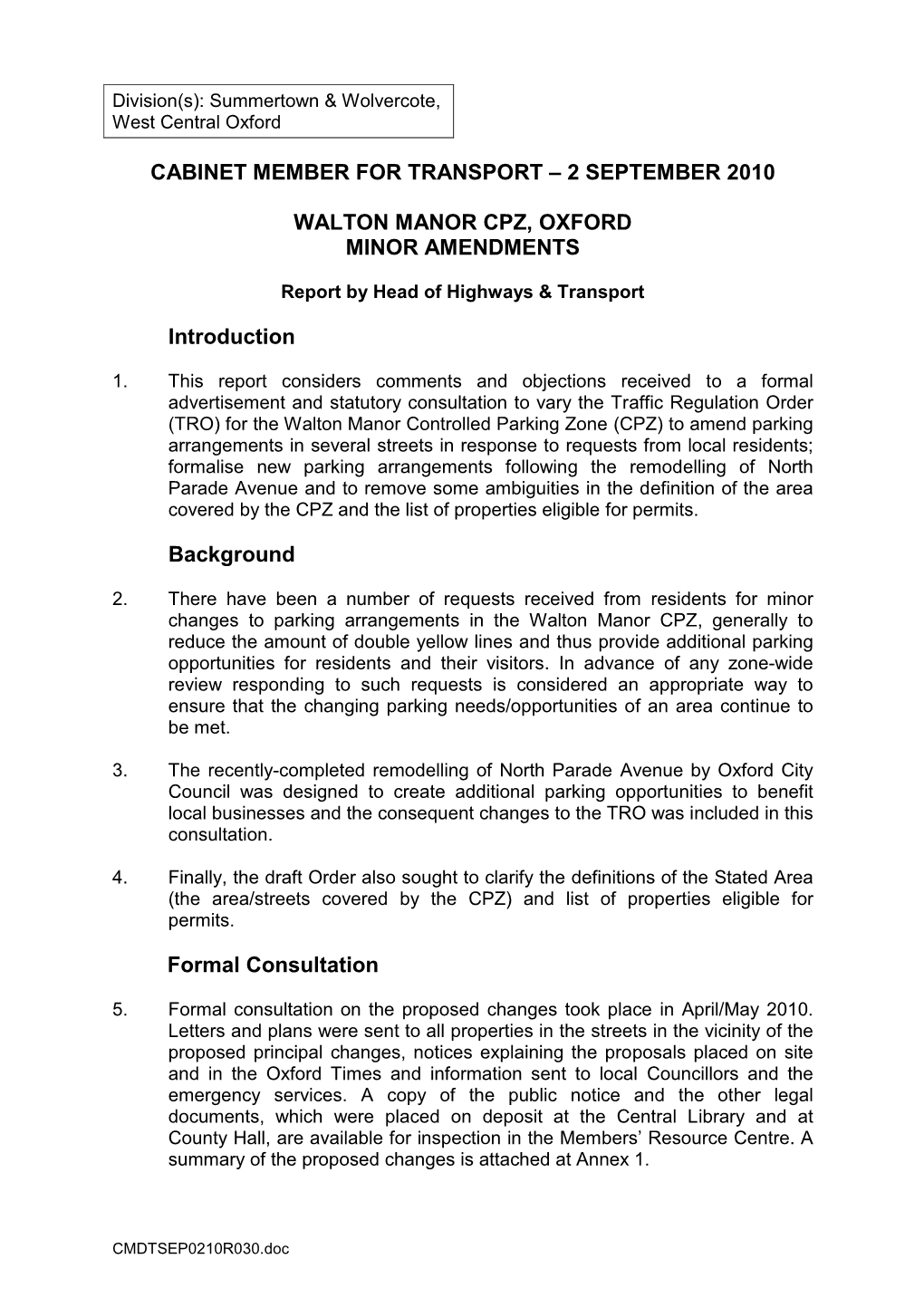 Walton Manor CPZ, Oxford Minor Amendments PDF 63 KB