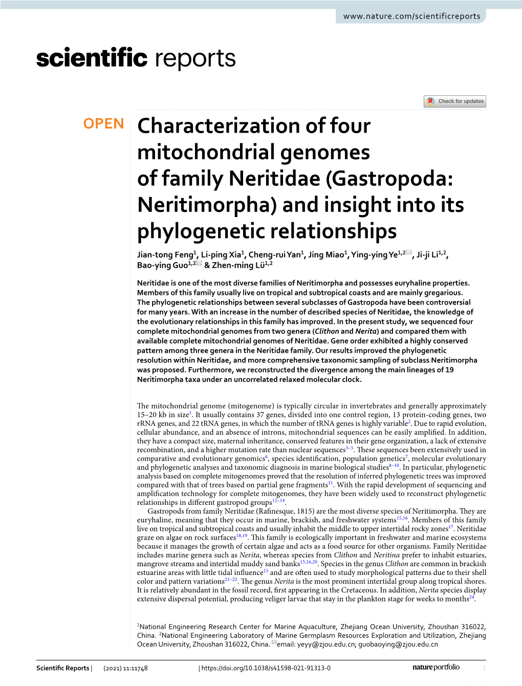 Characterization of Four Mitochondrial Genomes of Family Neritidae