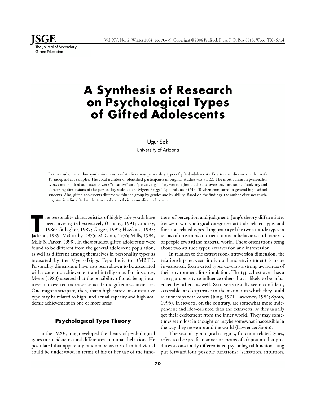 JSGE a Synthesis of Research on Psychological Types of Gifted