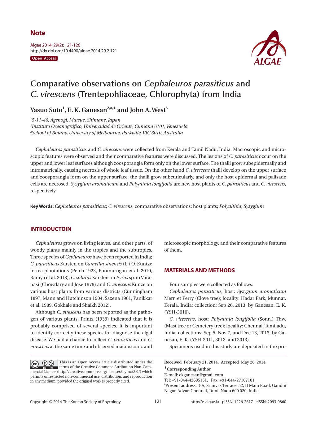 Comparative Observations on Cephaleuros Parasiticus and C