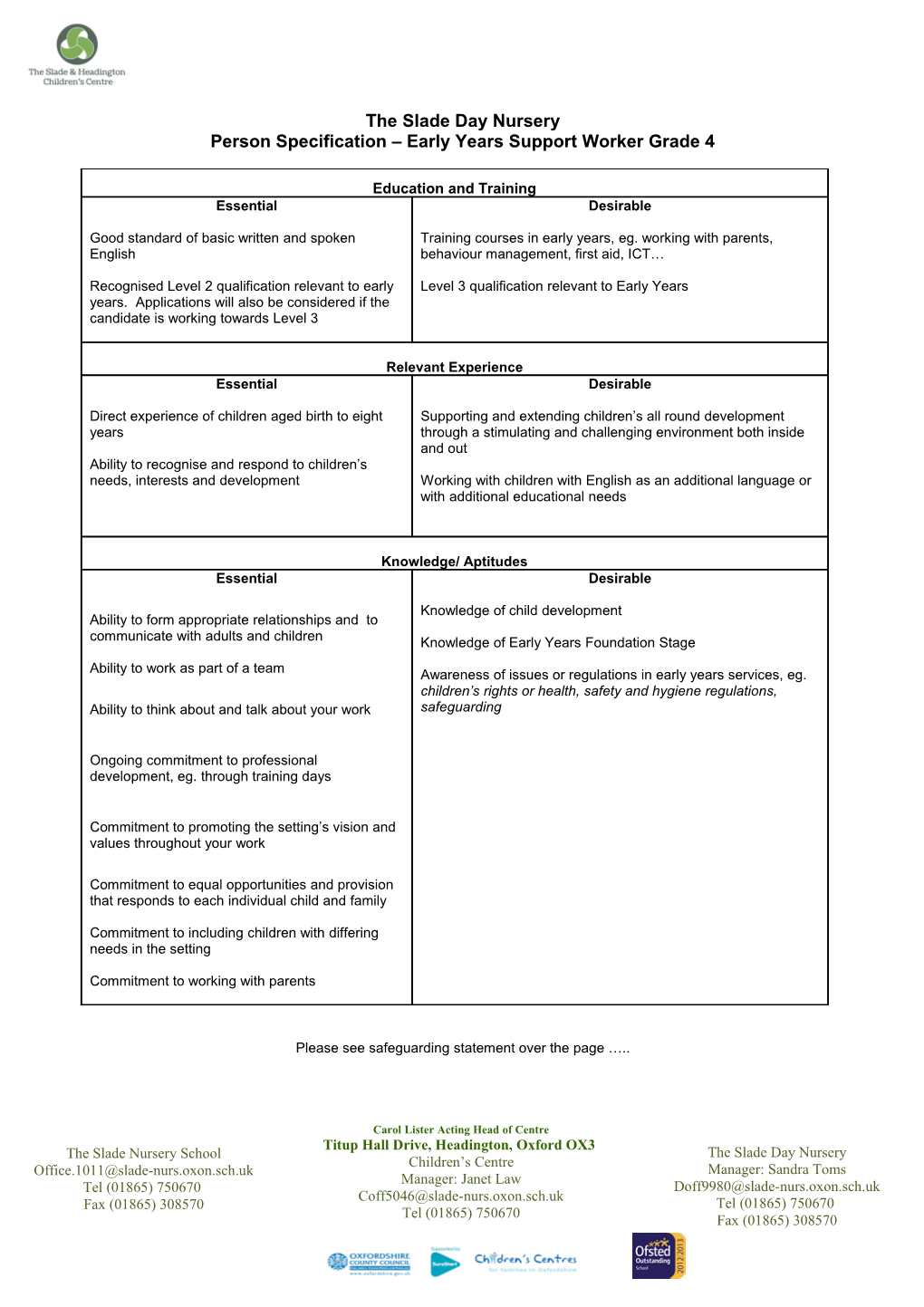 Person Specification Early Years Support Worker Grade 4
