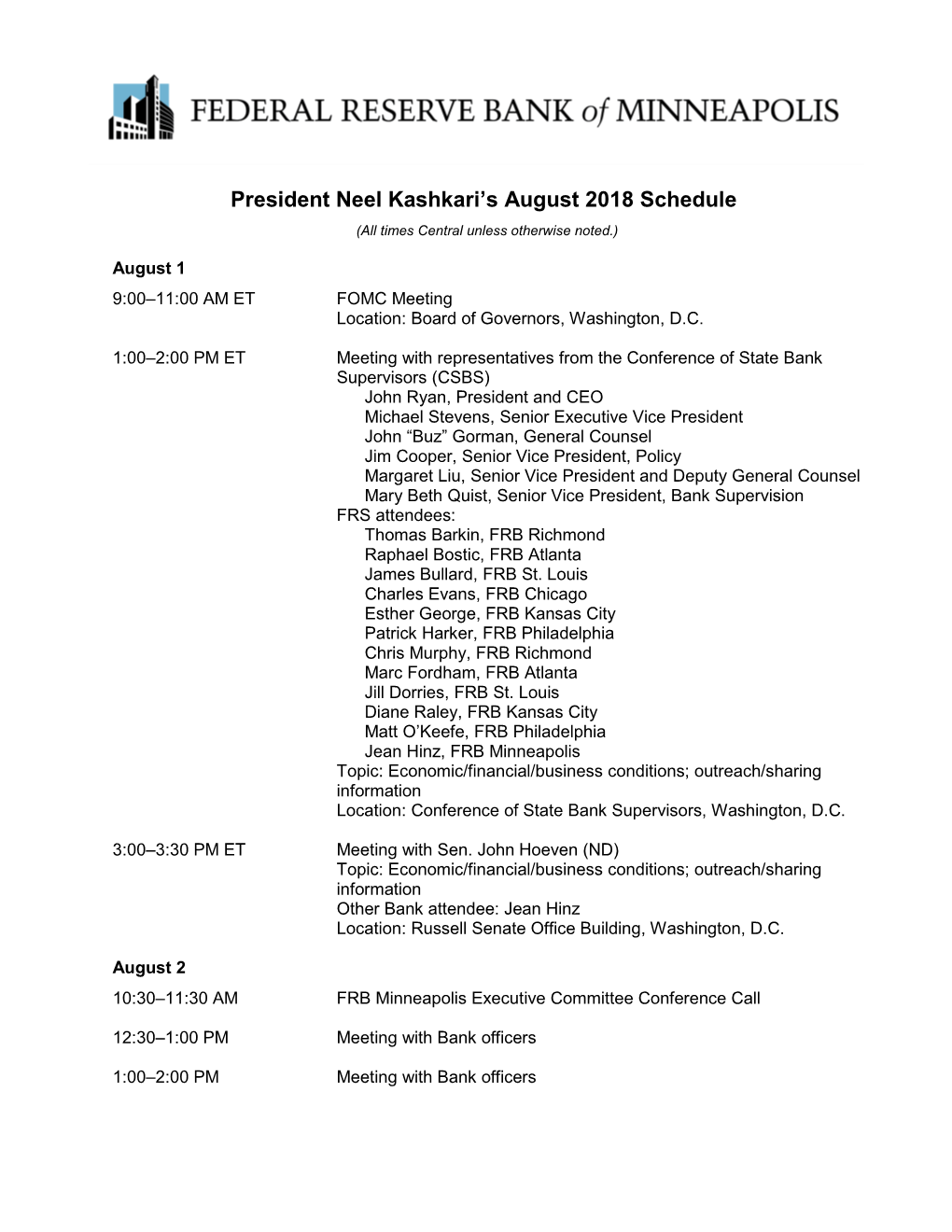 President Neel Kashkari's August 2018 Schedule