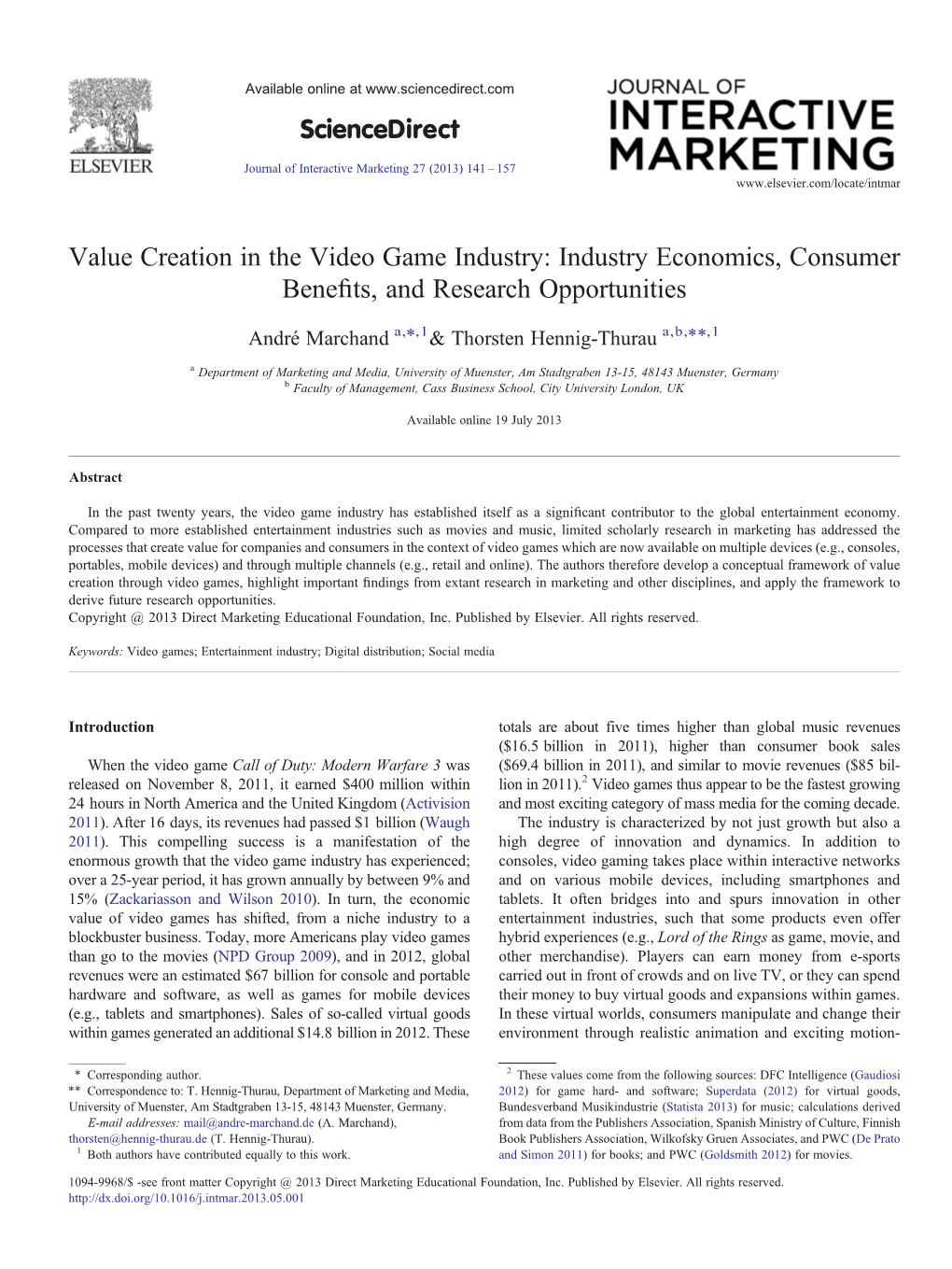 Value Creation in the Video Game Industry: Industry Economics, Consumer Benefits, and Research Opportunities