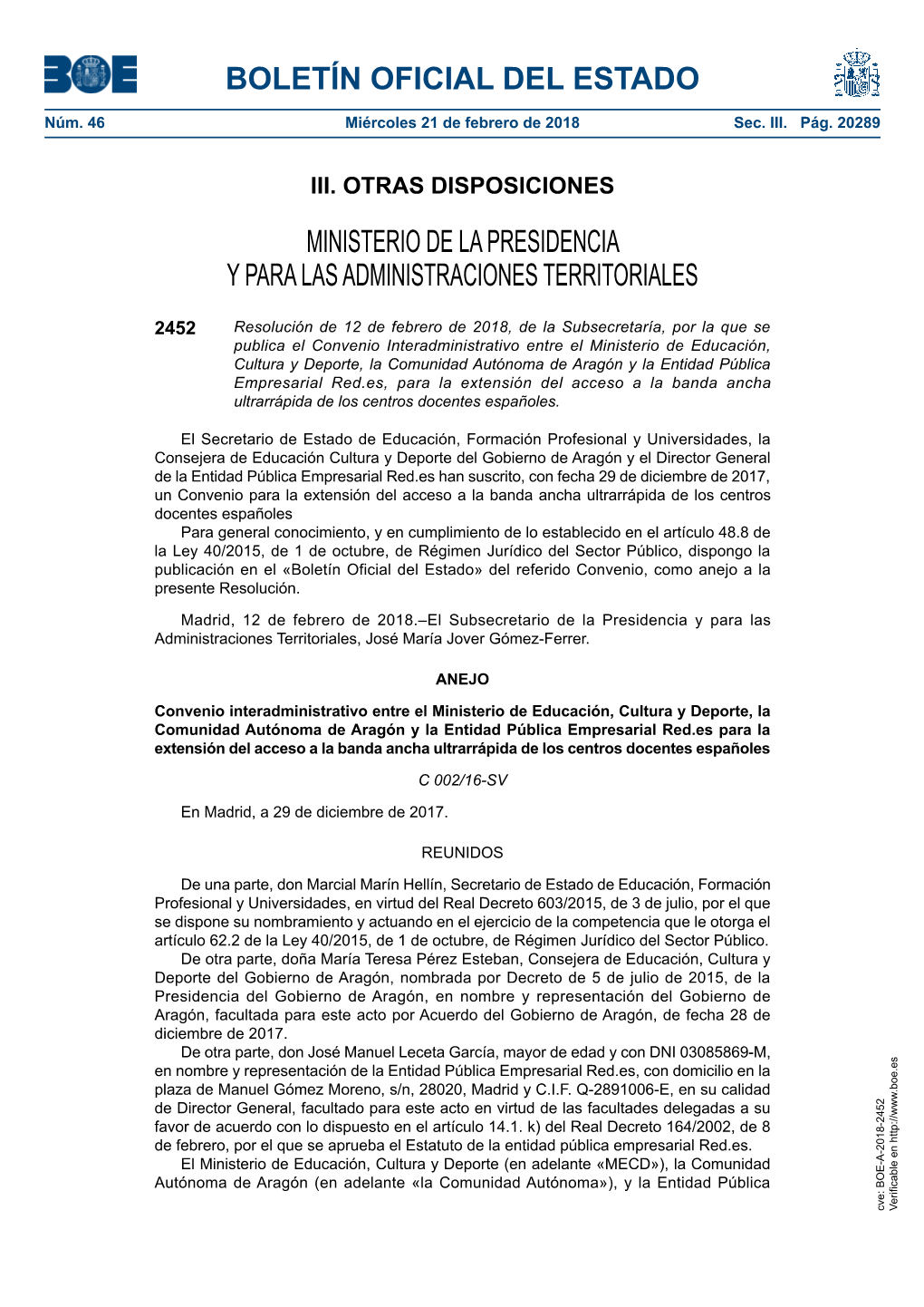 Disposición 2452 Del BOE Núm. 46 De 2018