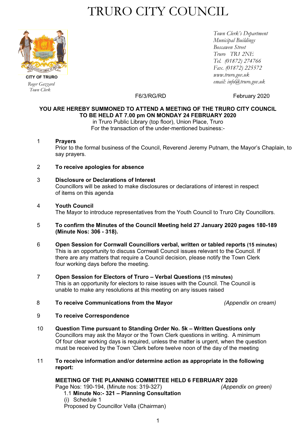 Town Clerks Report Council 27Th January 2020