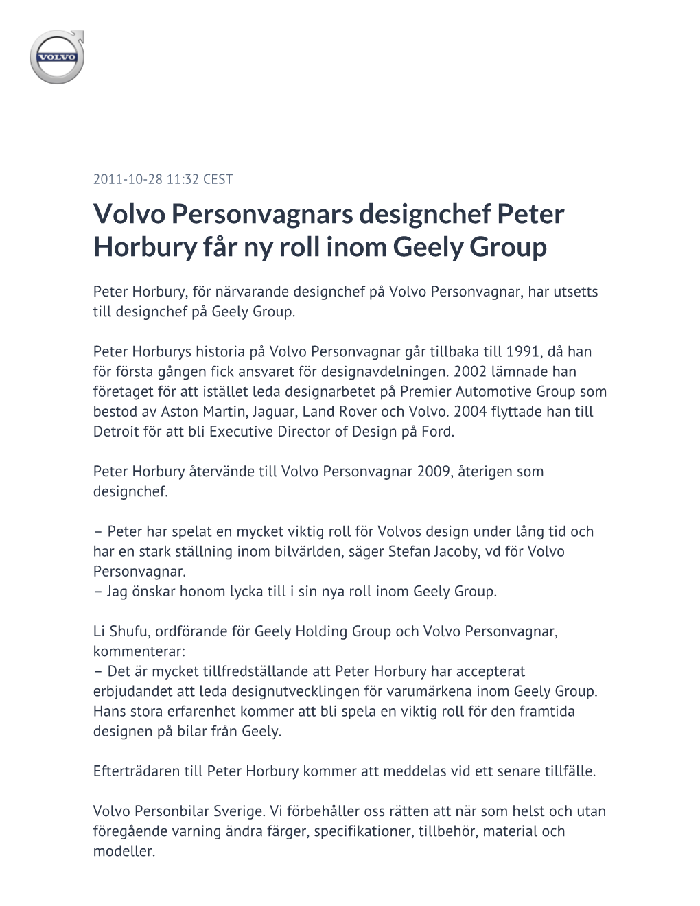 Volvo Personvagnars Designchef Peter Horbury Får Ny Roll Inom Geely Group